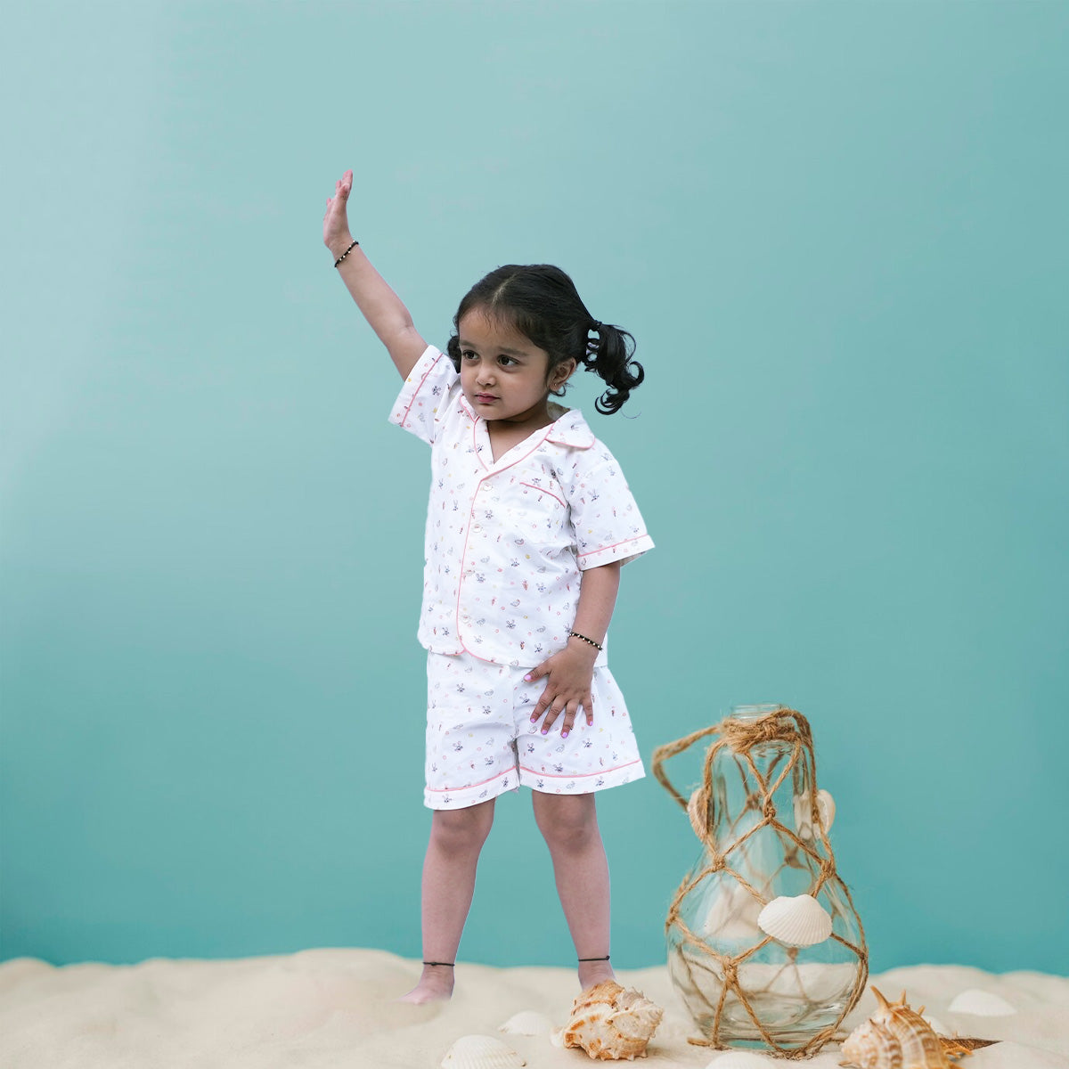 Bunny & Carrot Print Notched Collar Night Suit with Short - Firky
