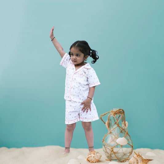 Bunny & Carrot Print Notched Collar Night Suit with Short - Firky