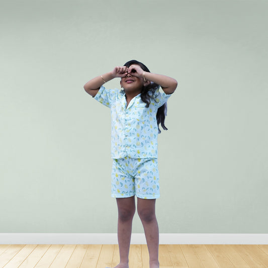 Nimbu Print Notched Collar Night Suit with Shorts - Firky